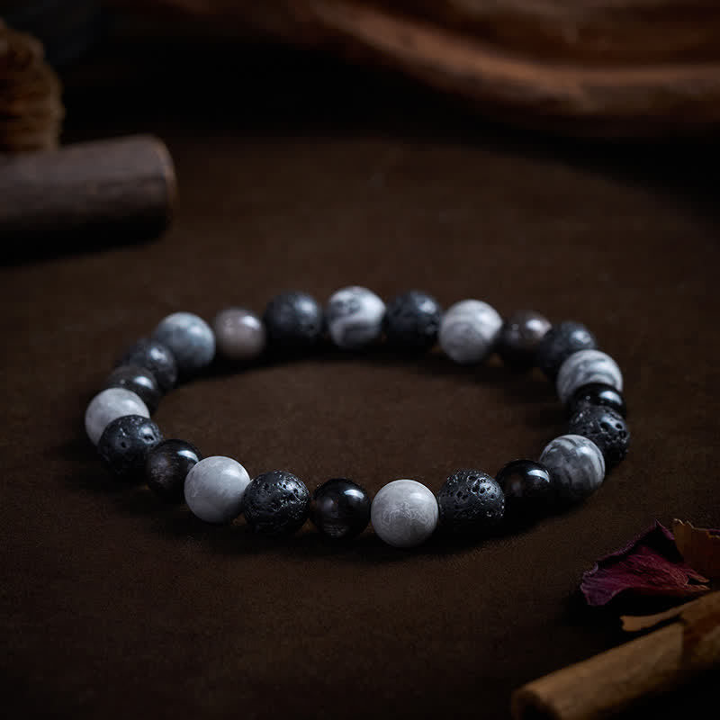 Buddha Stones Bracciale di supporto in ossidiana nera, pietra lavica e diaspro Picasso. - image 2