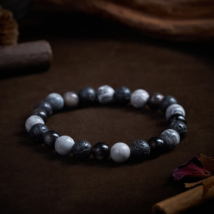 Buddha Stones Bracciale di supporto in ossidiana nera, pietra lavica e diaspro Picasso. - image 2