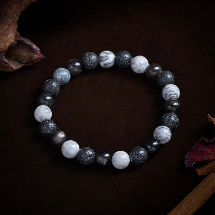 Buddha Stones Bracciale di supporto in ossidiana nera, pietra lavica e diaspro Picasso. - image 5