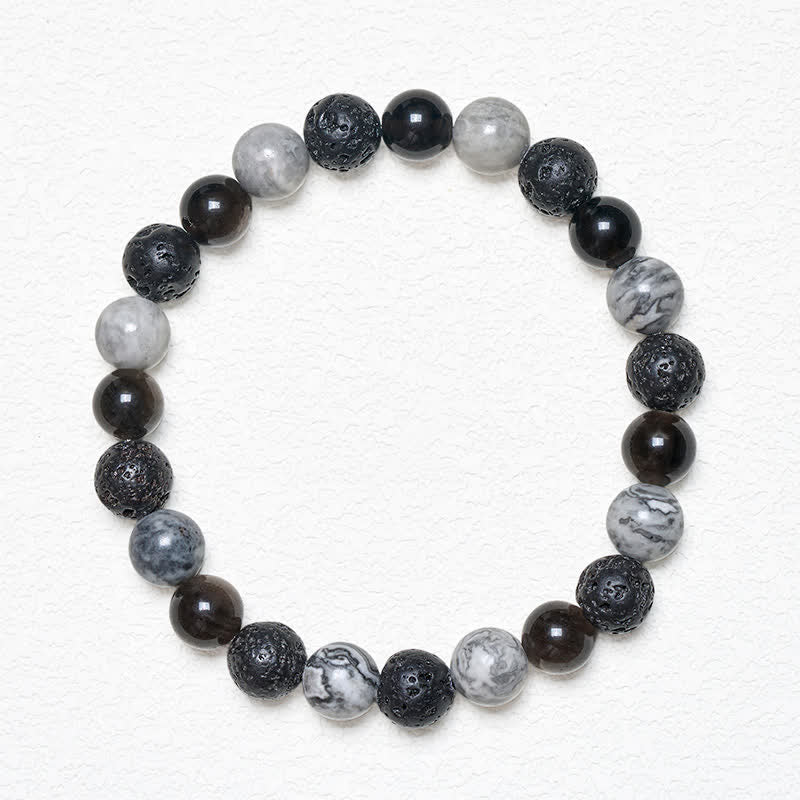 Buddha Stones Bracciale di supporto in ossidiana nera, pietra lavica e diaspro Picasso. - image 1