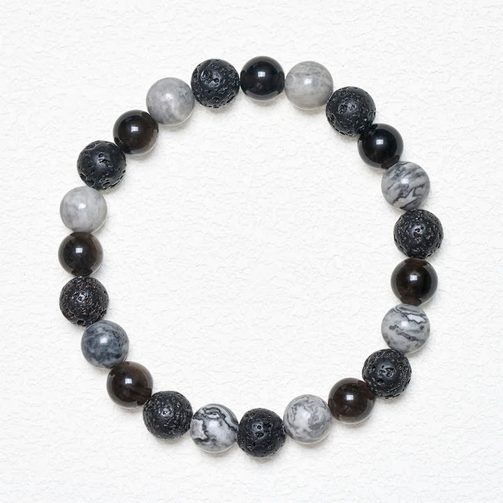 Buddha Stones Bracciale di supporto in ossidiana nera, pietra lavica e diaspro Picasso. - image 1