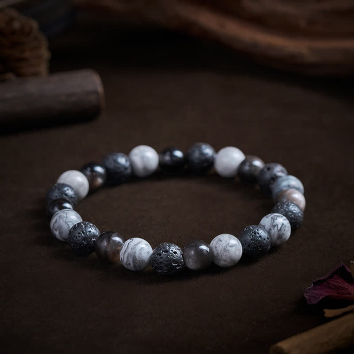 Buddha Stones Bracciale di supporto in ossidiana nera, pietra lavica e diaspro Picasso. - image 4