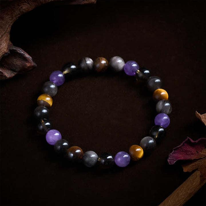 Buddha Stones Bracciale terapeutico con ametista naturale, occhio di tigre, ossidiana nera e quarzo fumé. - image 4