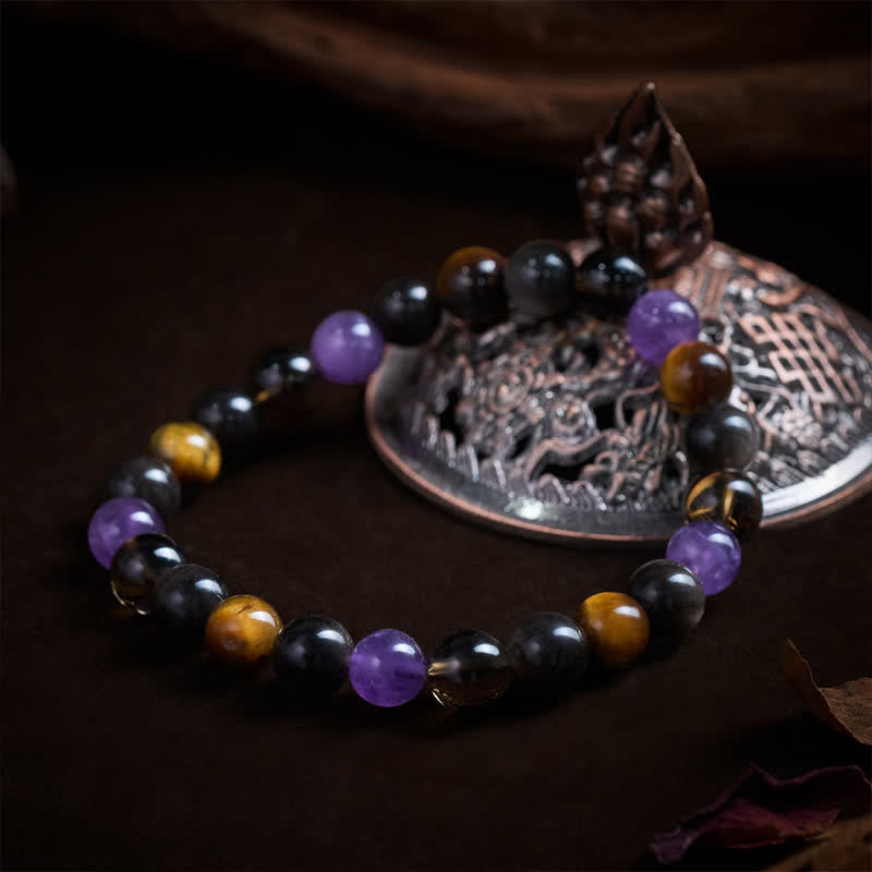 Buddha Stones Bracciale terapeutico con ametista naturale, occhio di tigre, ossidiana nera e quarzo fumé. - image 3