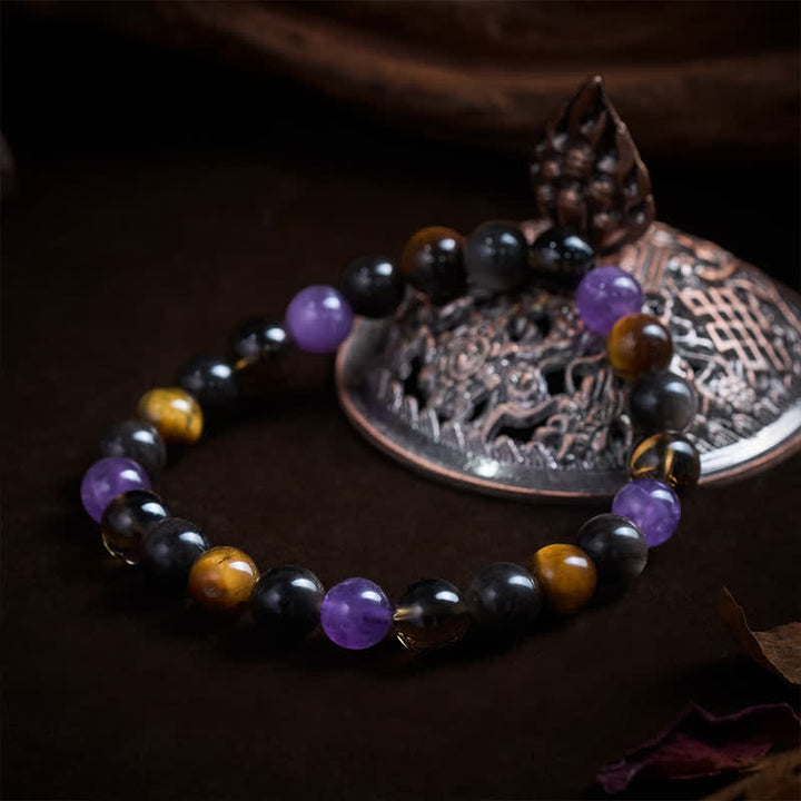 Buddha Stones Bracciale terapeutico con ametista naturale, occhio di tigre, ossidiana nera e quarzo fumé. - image 3
