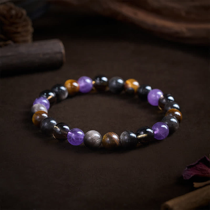 Buddha Stones Bracciale terapeutico con ametista naturale, occhio di tigre, ossidiana nera e quarzo fumé. - image 2