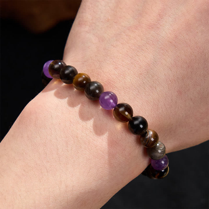 Buddha Stones Bracciale terapeutico con ametista naturale, occhio di tigre, ossidiana nera e quarzo fumé. - image 5