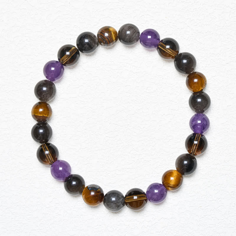 Buddha Stones Bracciale terapeutico con ametista naturale, occhio di tigre, ossidiana nera e quarzo fumé. - image 1