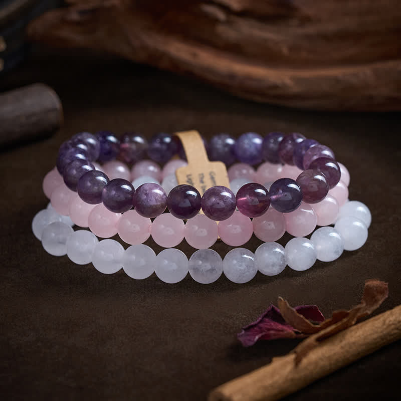 Buddha Stones Bracciale per la consapevolezza spirituale con cristallo di quarzo rosa ametista. - image 1