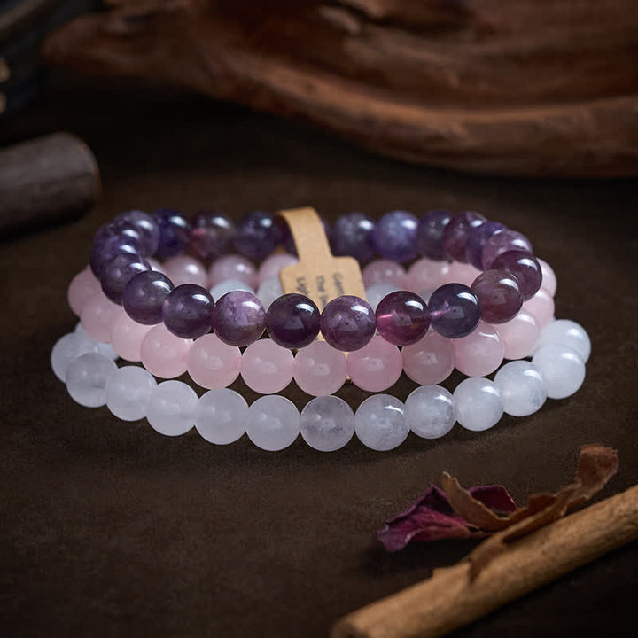 Buddha Stones Bracciale per la consapevolezza spirituale con cristallo di quarzo rosa ametista. - image 1