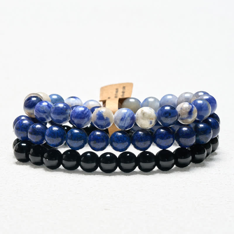 Buddha Stones Bracciale con perle positive di lazurite, lapislazzuli, sodalite e onice nera. - 15-16 cm - image 0