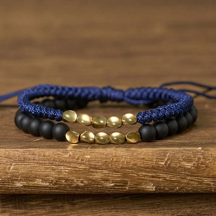 Buddha Stones Braccialetto in rame con perline di pietra naturale satinata (2 pezzi) - Blu navy + Pietra satinata (Circonferenza del polso: 17-28 cm) - image 4
