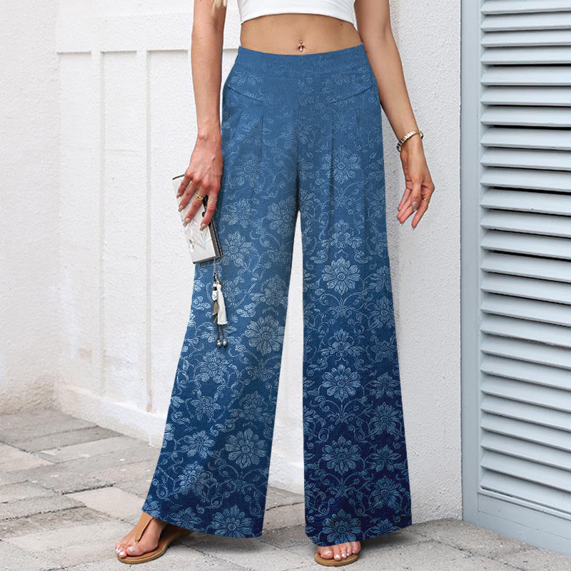 Buddha Stones Pantaloni da donna a gamba larga con elastico in vita e tasche, in cotone e lino, con fantasia floreale vintage. - image 1