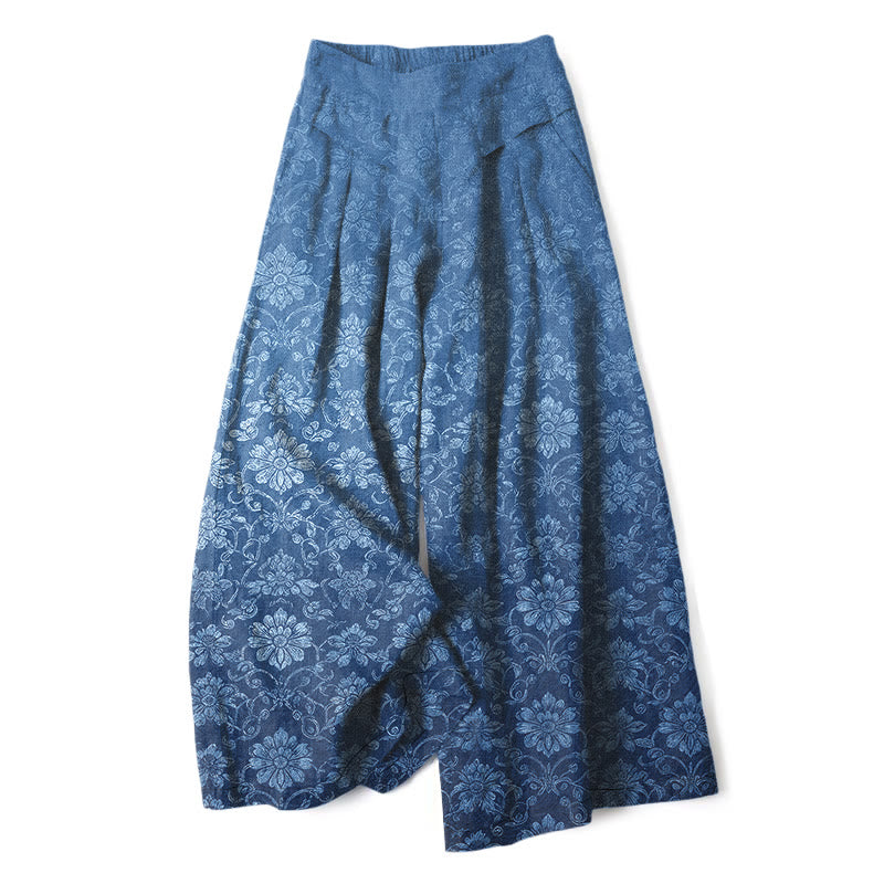 Buddha Stones Pantaloni da donna a gamba larga con elastico in vita e tasche, in cotone e lino, con fantasia floreale vintage. - Blu reale - US16, UK/AU20, EU48 (3XL) - image 0