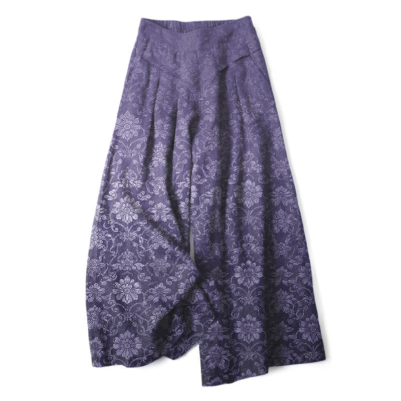 Buddha Stones Pantaloni da donna a gamba larga con elastico in vita e tasche, in cotone e lino, con fantasia floreale vintage. - Viola - US16, UK/AU20, EU48 (3XL) - image 4