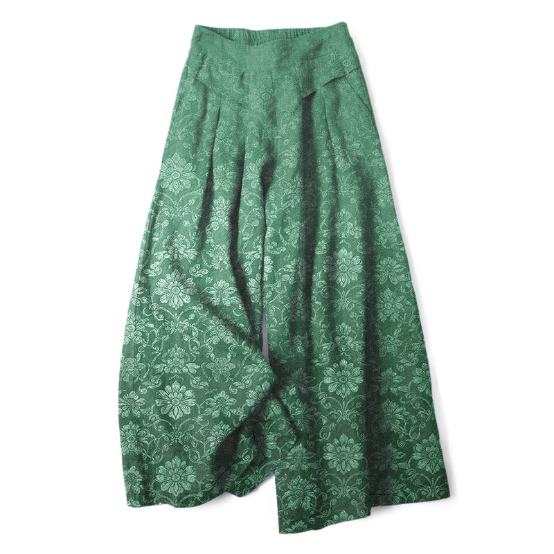 Buddha Stones Pantaloni da donna a gamba larga con elastico in vita e tasche, in cotone e lino, con fantasia floreale vintage. - Verde mare - US16, UK/AU20, EU48 (3XL) - image 6