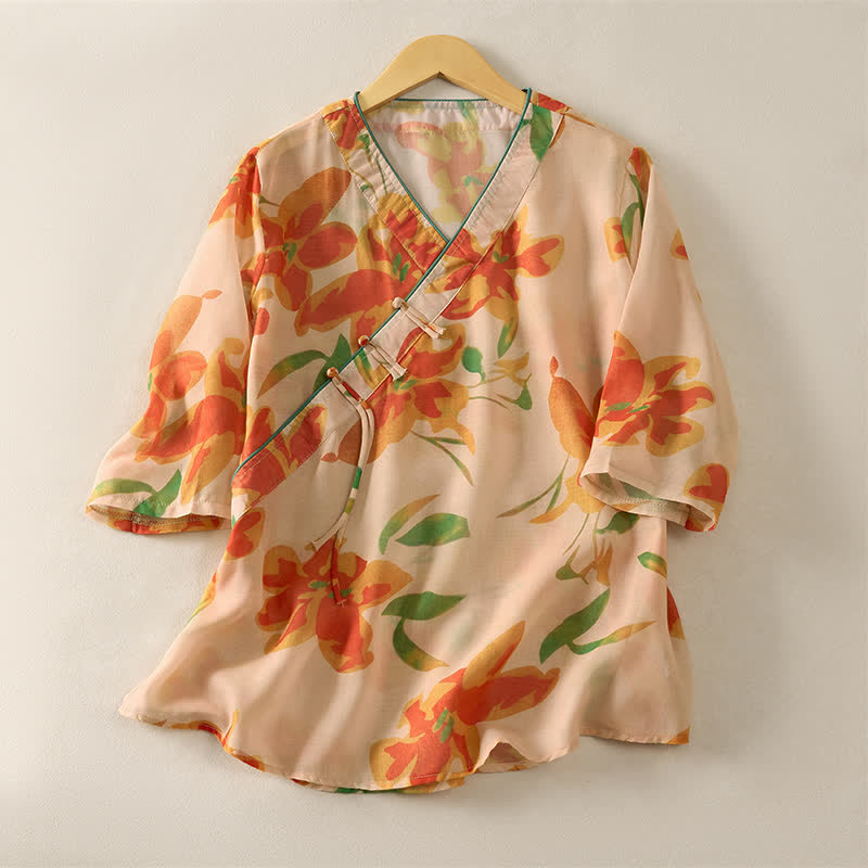 Buddha Stones Camicie da donna a maniche corte con scollo a V e stampa floreale, stile Summer Tang, per un look estivo. - image 0