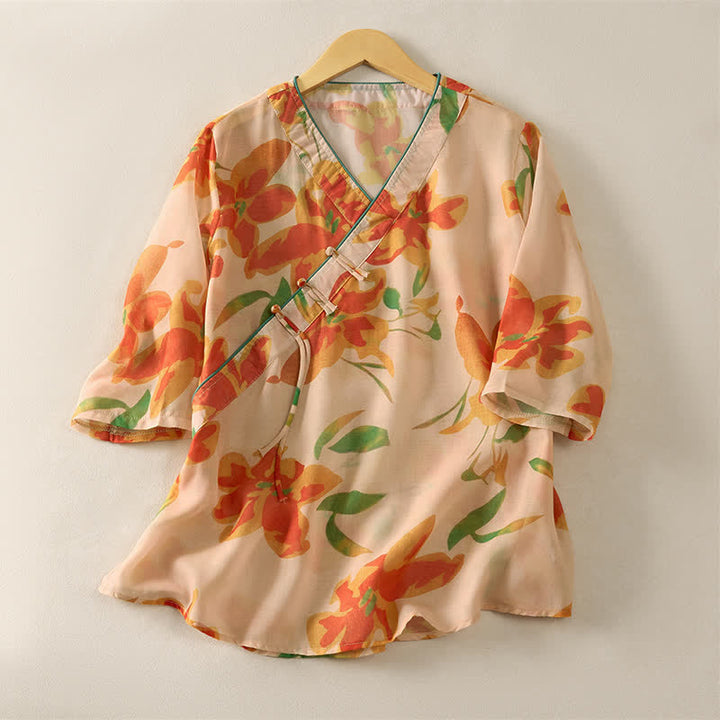 Buddha Stones Camicie da donna a maniche corte con scollo a V e stampa floreale, stile Summer Tang, per un look estivo. - image 0