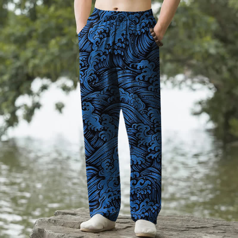 Buddha Stones Pantaloni da uomo affusolati in cotone con motivo a onde oceaniche e tasche. - Blu reale - US/UK/AU50, EU60 (5XL) - image 0