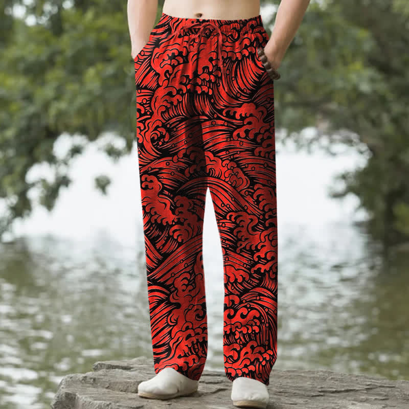 Buddha Stones Pantaloni da uomo affusolati in cotone con motivo a onde oceaniche e tasche. - Cremisi - US/UK/AU50, EU60 (5XL) - image 4