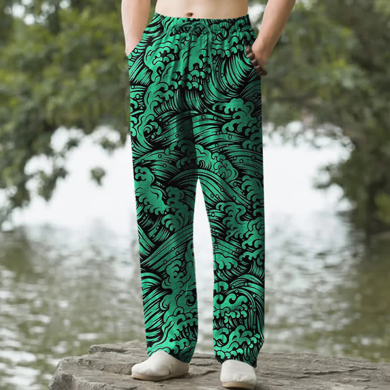 Buddha Stones Pantaloni da uomo affusolati in cotone con motivo a onde oceaniche e tasche. - Verde cuoio - US/UK/AU50, EU60 (5XL) - image 6