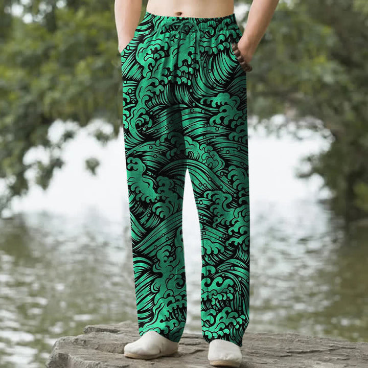 Buddha Stones Pantaloni da uomo affusolati in cotone con motivo a onde oceaniche e tasche. - Verde cuoio - US/UK/AU50, EU60 (5XL) - image 6