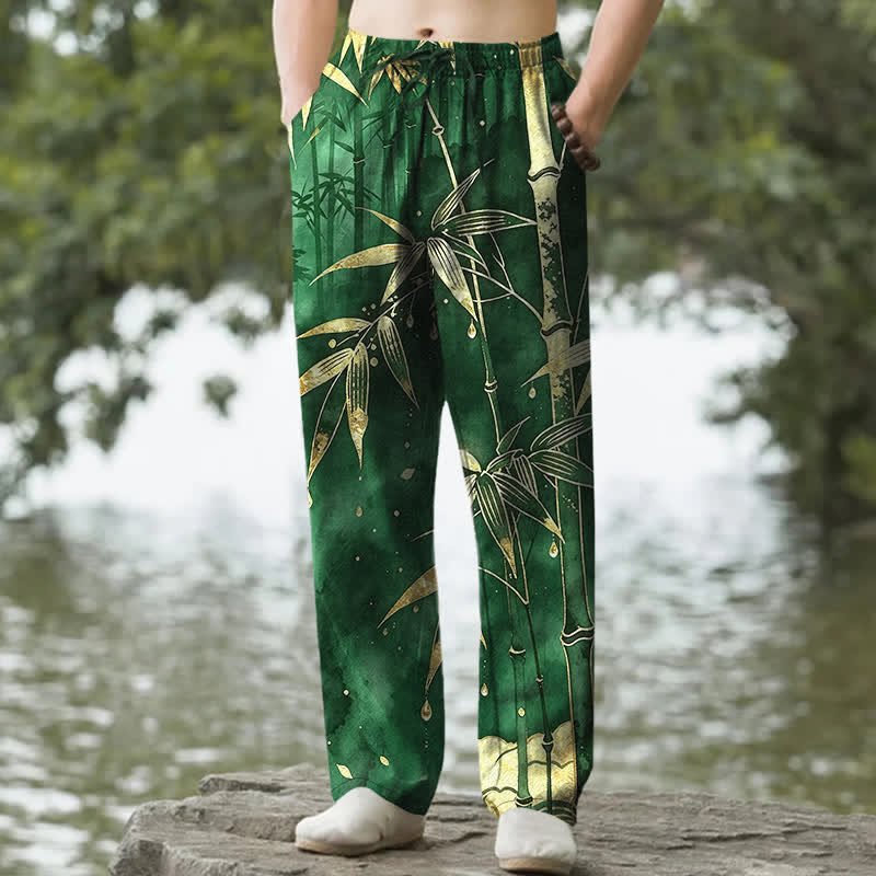 Buddha Stones Pantaloni da uomo affusolati in cotone con motivo a foglie di bambù dorate e tasche. - Verde studentesco - US/UK/AU50, EU60 (5XL) - image 4