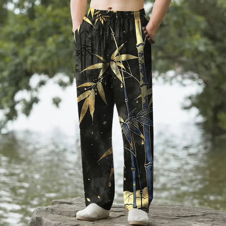 Buddha Stones Pantaloni da uomo affusolati in cotone con motivo a foglie di bambù dorate e tasche. - Nero - US/UK/AU50, EU60 (5XL) - image 6