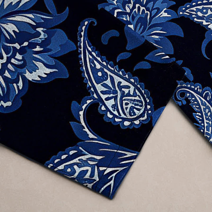 Buddha Stones Pantaloni da uomo affusolati in cotone blu con fantasia floreale paisley e tasche. - image 3