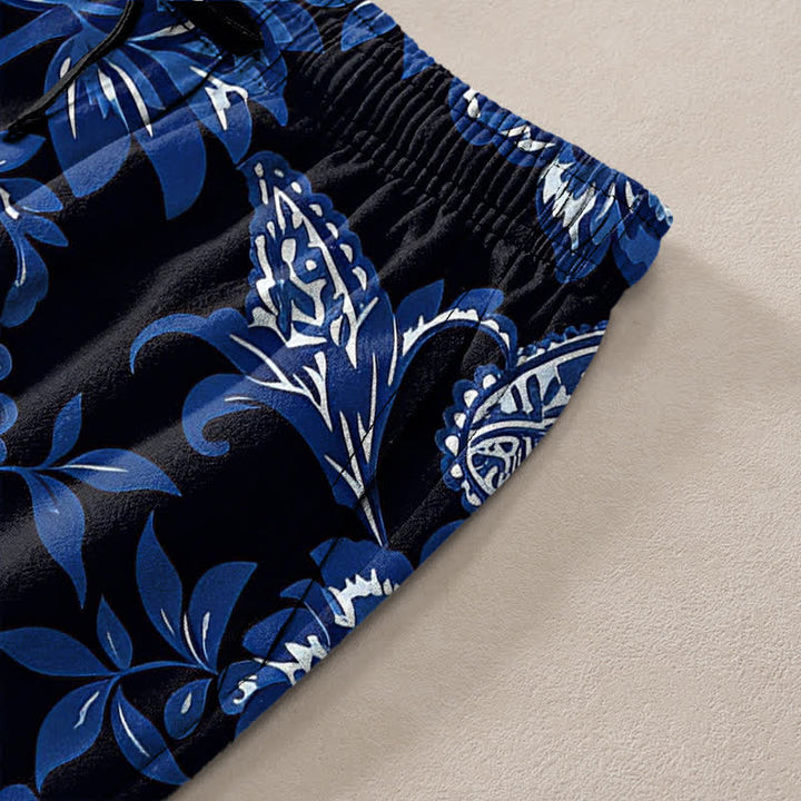 Buddha Stones Pantaloni da uomo affusolati in cotone blu con fantasia floreale paisley e tasche. - image 2