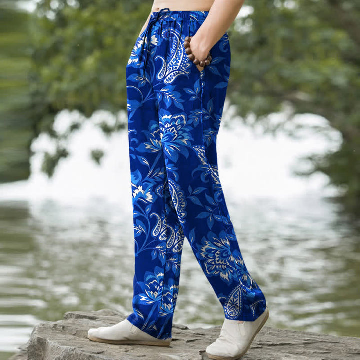 Buddha Stones Pantaloni da uomo affusolati in cotone blu con fantasia floreale paisley e tasche. - image 5