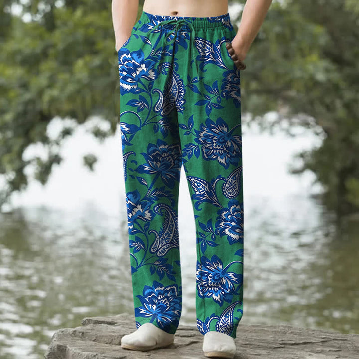 Buddha Stones Pantaloni da uomo affusolati in cotone blu con fantasia floreale paisley e tasche. - Verde mare medio - US/UK/AU50, EU60 (5XL) - image 6