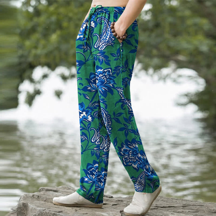 Buddha Stones Pantaloni da uomo affusolati in cotone blu con fantasia floreale paisley e tasche. - image 7