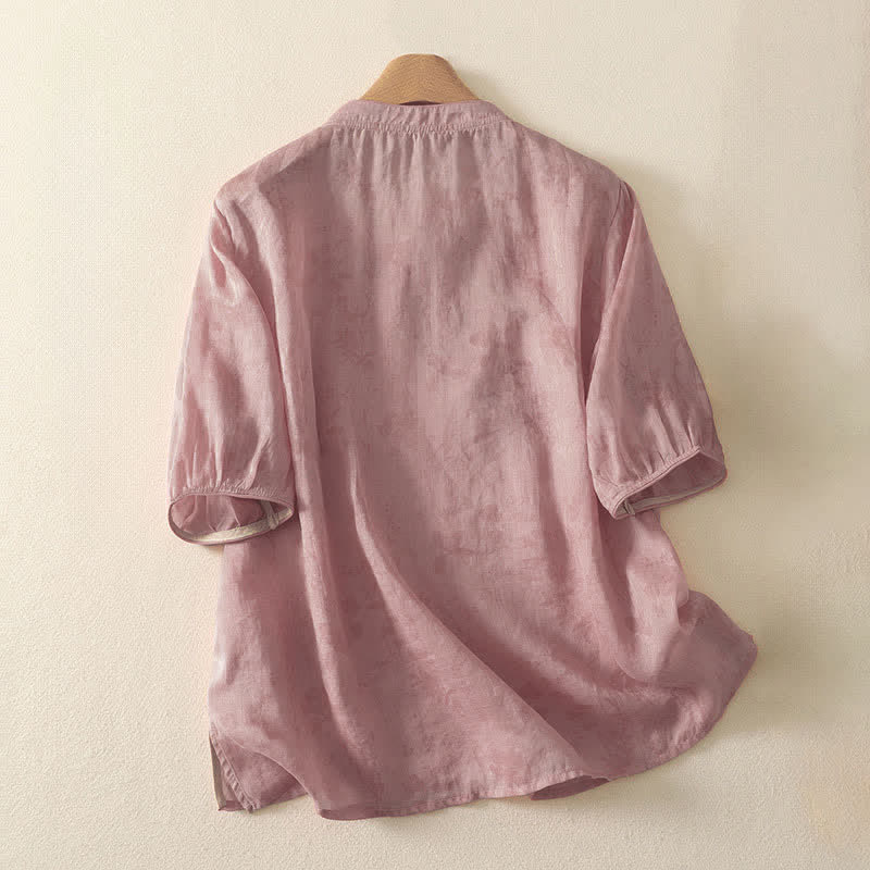 Buddha Stones Camicia da donna a maniche corte, tinta unita, stile Tang estivo, con ricami floreali e colletto alla coreana. - image 12