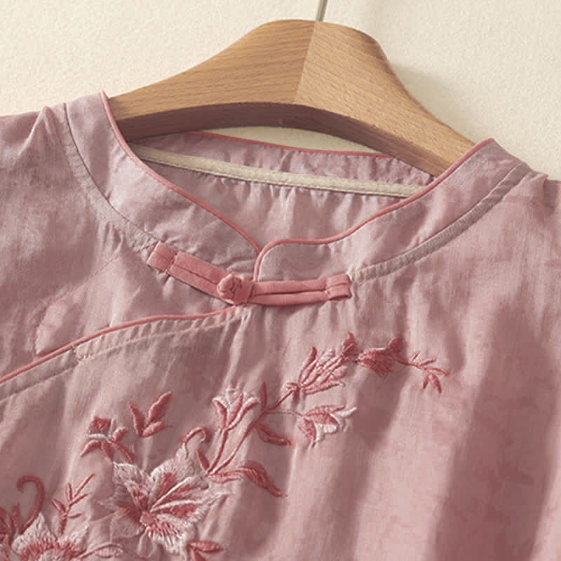 Buddha Stones Camicia da donna a maniche corte, tinta unita, stile Tang estivo, con ricami floreali e colletto alla coreana. - image 13