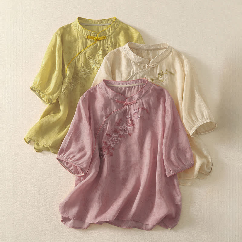 Buddha Stones Camicia da donna a maniche corte, tinta unita, stile Tang estivo, con ricami floreali e colletto alla coreana. - image 21