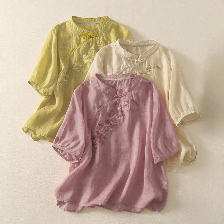 Buddha Stones Camicia da donna a maniche corte, tinta unita, stile Tang estivo, con ricami floreali e colletto alla coreana. - image 21