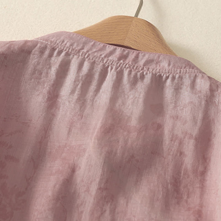 Buddha Stones Camicia da donna a maniche corte, tinta unita, stile Tang estivo, con ricami floreali e colletto alla coreana. - image 14