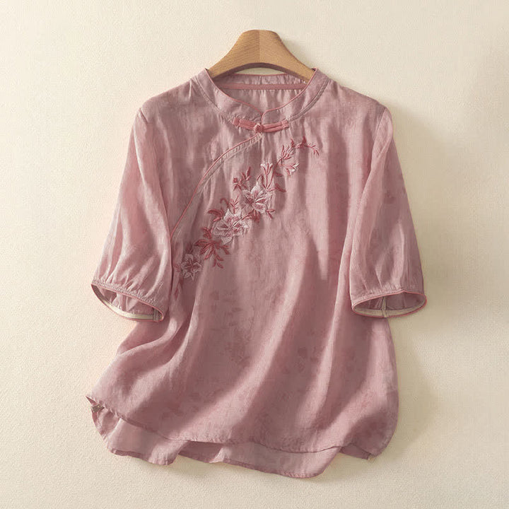 Buddha Stones Camicia da donna a maniche corte, tinta unita, stile Tang estivo, con ricami floreali e colletto alla coreana. - PeachPuff - US8-10, UK/AU12-14, EU40-42 (2XL) - image 11