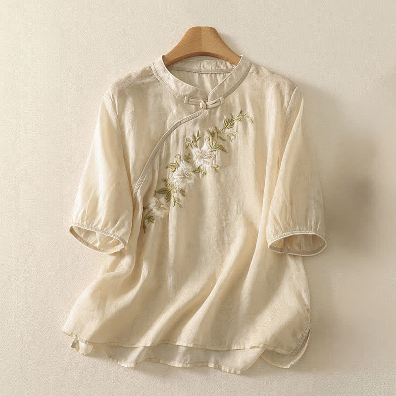 Buddha Stones Camicia da donna a maniche corte, tinta unita, stile Tang estivo, con ricami floreali e colletto alla coreana. - Beige - US8-10, UK/AU12-14, EU40-42 (2XL) - image 6