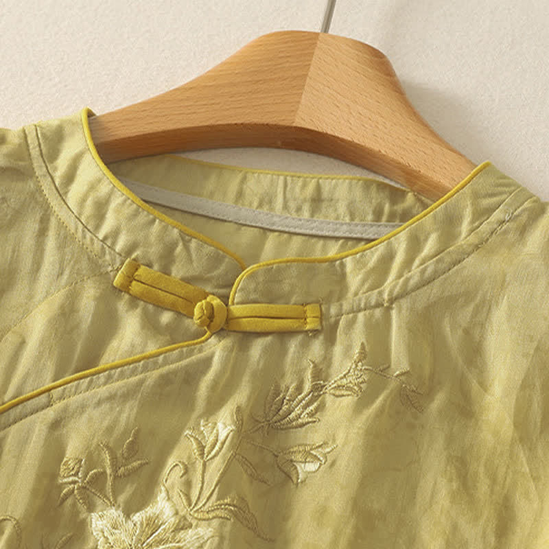 Buddha Stones Camicia da donna a maniche corte, tinta unita, stile Tang estivo, con ricami floreali e colletto alla coreana. - image 1