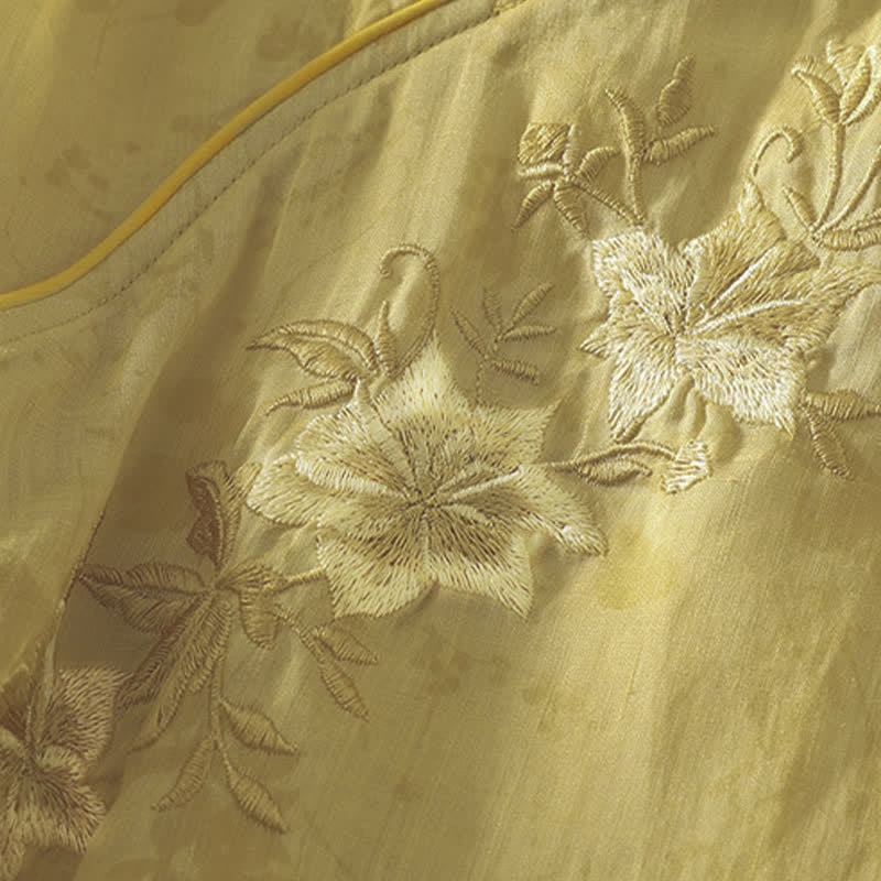 Buddha Stones Camicia da donna a maniche corte, tinta unita, stile Tang estivo, con ricami floreali e colletto alla coreana. - image 2