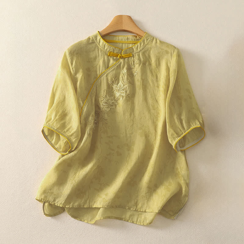 Buddha Stones Camicia da donna a maniche corte, tinta unita, stile Tang estivo, con ricami floreali e colletto alla coreana. - cachi - US8-10, UK/AU12-14, EU40-42 (2XL) - image 0