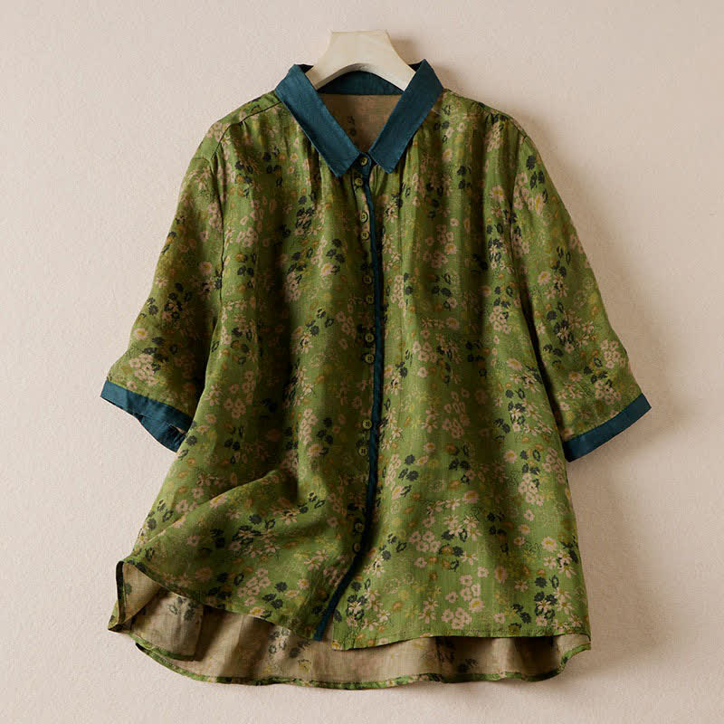 Buddha Stones Camicie estive vintage da donna a maniche corte con stampa floreale e bottoni. - Verde oliva - US8-10, UK/AU12-14, EU40-42 (2XL) - image 0