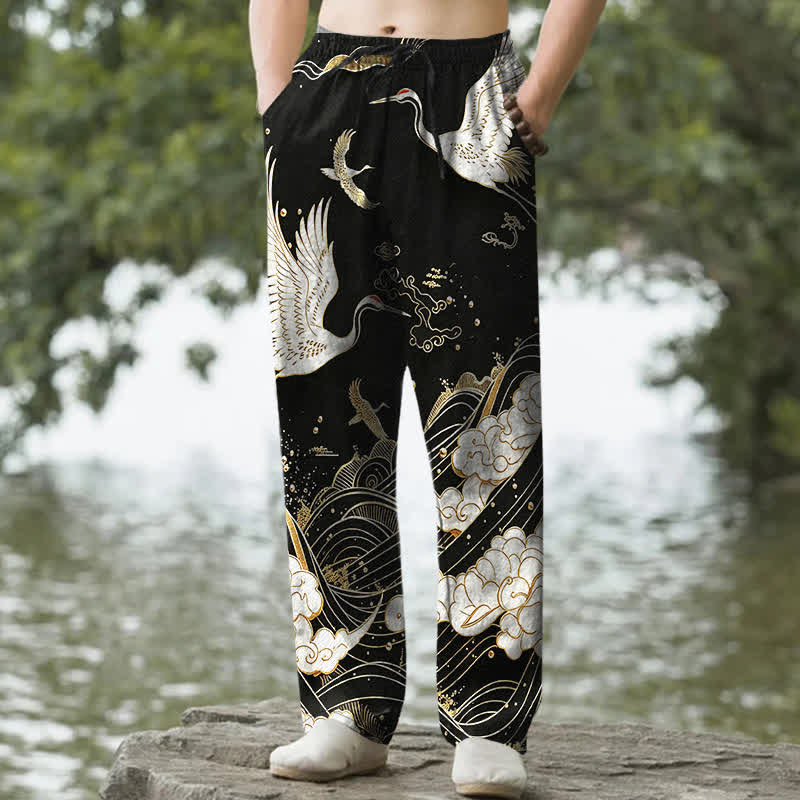 Buddha Stones Pantaloni da uomo affusolati in cotone bianco con motivo a onde e stampa gru, con tasche. - Nero - US/UK/AU50, EU60 (5XL) - image 0
