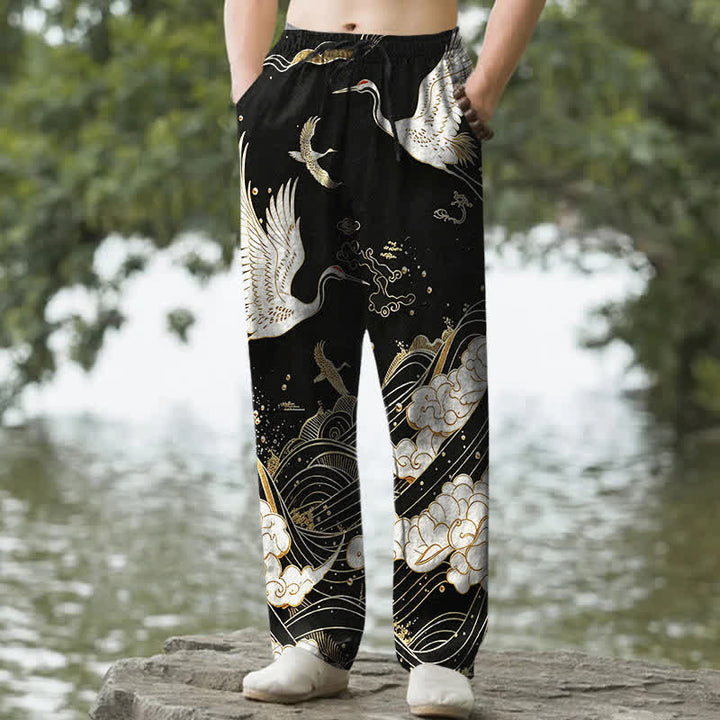 Buddha Stones Pantaloni da uomo affusolati in cotone bianco con motivo a onde e stampa gru, con tasche. - Nero - US/UK/AU50, EU60 (5XL) - image 0