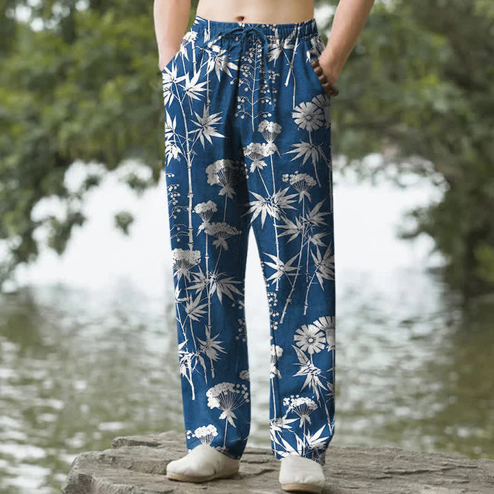Buddha Stones Pantaloni da uomo affusolati in cotone con motivo floreale a foglie di bambù e tasche. - Blu reale - US/UK/AU50, EU60 (5XL) - image 0
