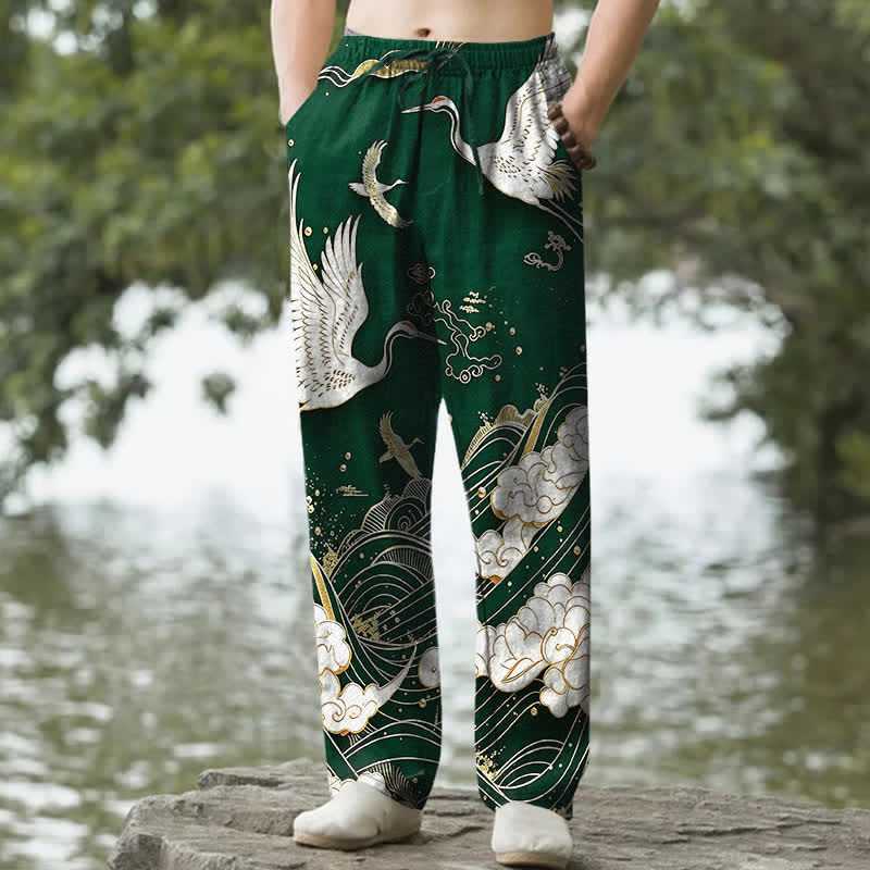 Buddha Stones Pantaloni da uomo affusolati in cotone bianco con motivo a onde e stampa gru, con tasche. - Verde studentesco - US/UK/AU50, EU60 (5XL) - image 4