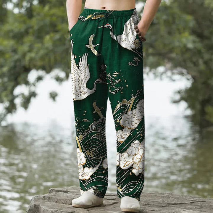 Buddha Stones Pantaloni da uomo affusolati in cotone bianco con motivo a onde e stampa gru, con tasche. - Verde studentesco - US/UK/AU50, EU60 (5XL) - image 4