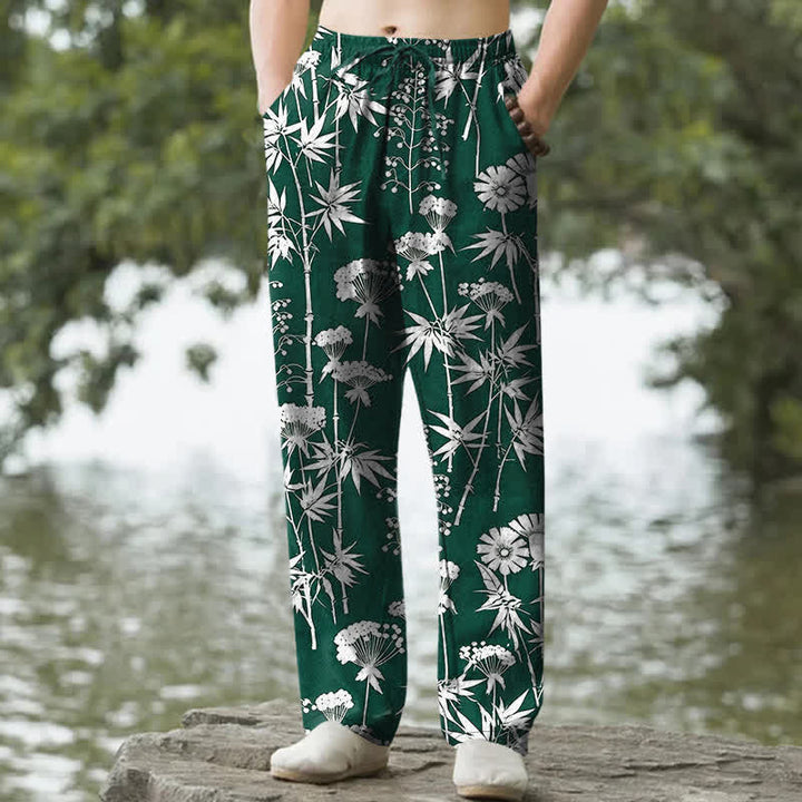 Buddha Stones Pantaloni da uomo affusolati in cotone con motivo floreale a foglie di bambù e tasche. - Verde studentesco - US/UK/AU50, EU60 (5XL) - image 4